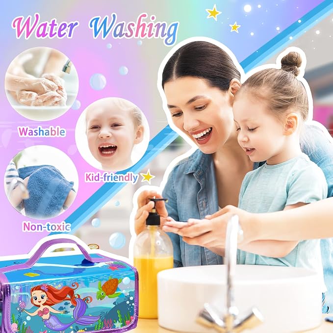 weirtoya 56 PCS Washable Scented Markers with Glitter Pencil Case, Mermaid Unicorn Arts and Crafts for kids 4-6-8 Kids Coloring Drawing Kits for 4-8 Years Old Girls (Mermaid, 56)
