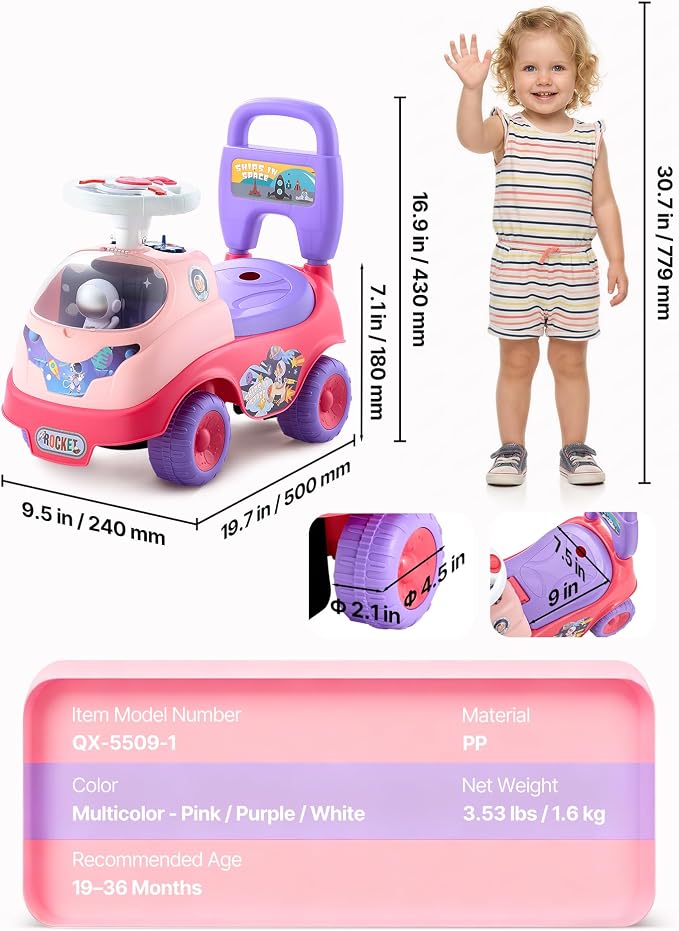 VEVOR Ride On Toddler Push Car, Push Car for Toddler 19 to 36 Months, Kids Ride On Toy with Horn & Music, 48.5 lbs Load Capacity, Under-seat Storage, Foot-to-Floor Walker for Toddlers Boys Girls, Pink