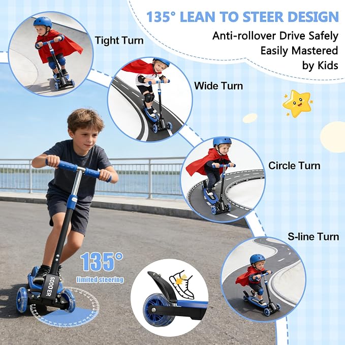 3 Wheel Scooters for Kids 2-5 5-7 Years, 4 Adjustable Heights Foldable Metal Toddler Scooter for Boys Girls Up to 120 lbs, Lean-to-Steer, Dual Rear Brake Widen Anti-Slip Deck