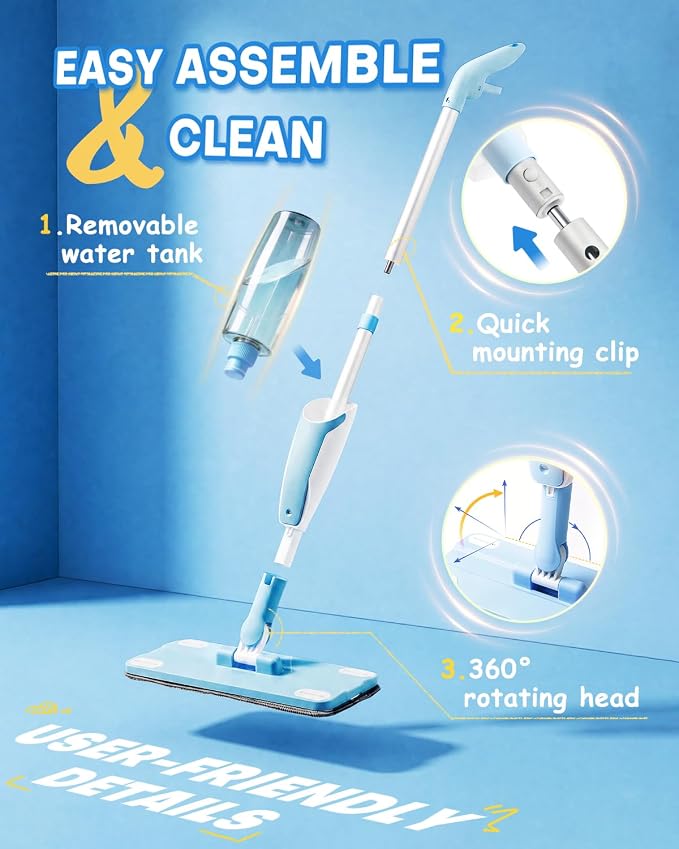 Kids Spray Mop, Blue Toddler Cleaning Set with Refillable Water Spray Tank, Lightweight Pretend Play Mop Toy for Boys Girls, Montessori Housekeeping Toy Gift