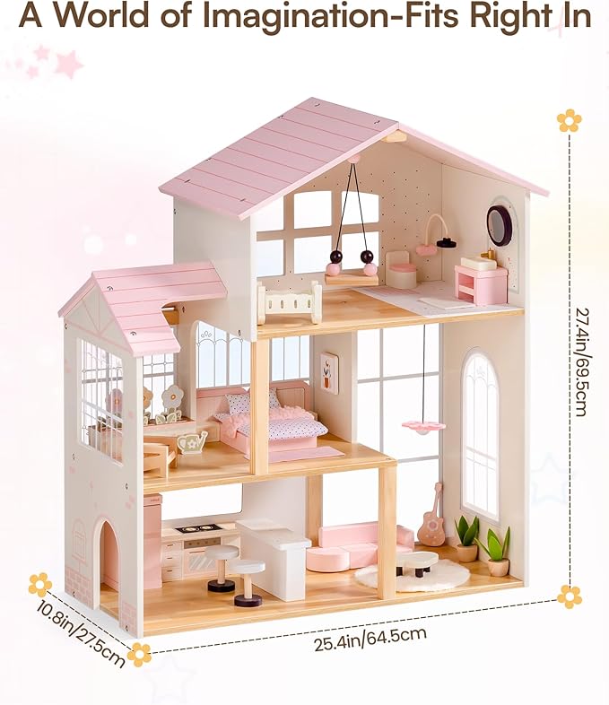 ROBUD Wooden Doll House for Girls，Dollhouse Kit with 6 Rooms & 37 Pcs Dollhouse Furnitrue Accessories, Pink Montessori Doll House for 3+, WDH22