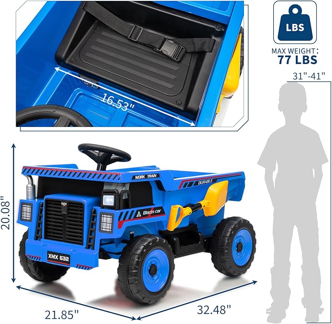 Garvee 12V Ride On Dump Truck for Kids, Ride On Car with Remote Control, Construction Vehicles with Dump Bed & Shovel, Ride-On Toys 16.5 in Spacious Seat, Music, Headlights, Soft Start, Blue