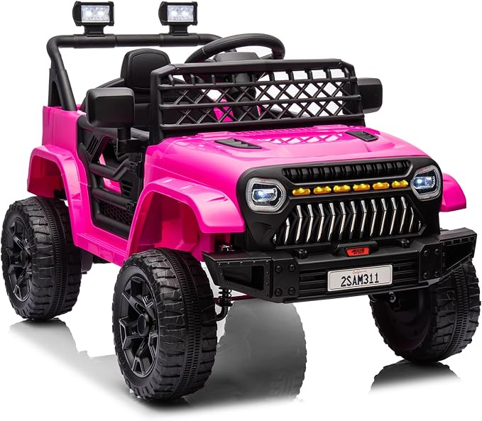 GarveeLife 12V Kids Ride On Truck Electric Vehicle Battery Powered Car Toddlers Ride On Toy for Boys Girls with Remote Control, 4-Wheel Suspension, Battery Display, LED Lights, Music, Rose Red