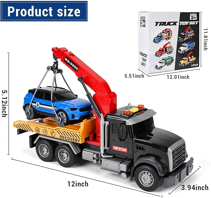 3 Pack 12'' Large Trucks Toy Set,Transport Tow Truck Toy & Dump Trucks and Car Carrier Truck Toys with Lights and Sounds,Friction Powered Movable Parts Kid Boys Toys for 3 4 5 6 7 Years Old