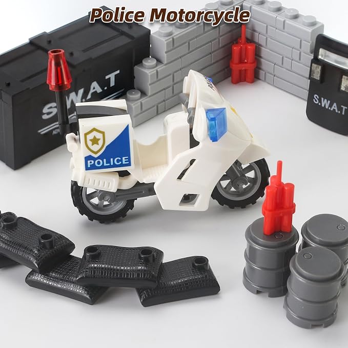 SWAT Military Weapon Pack Building Block Set City Police Accessories | Black Tactical Gear with Robot Dog Drones Inflatable Boat Motorcycle Toy Kit for Kids Ages 4+