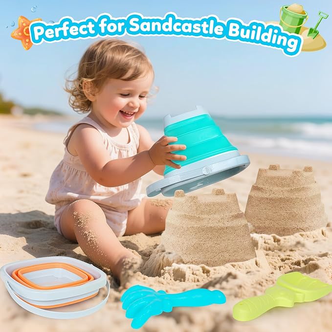 GKDOMS Kids Beach Toys Set with Collapsible Bucket, Sand Rake and Shovel, Turquoise and Orange, Ages 2-6, 2pack Travel Toys (Two Mix)