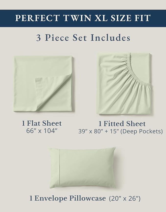 LANE LINEN Twin XL Sheets 100% Organic Cotton 3pc Percale Cooling - Mineral | Twin XL Sheets In GOTS Certified Organic Cotton Percale - Crisp Cool Percale Weave, Great For Gifting, For Hot Sleepers
