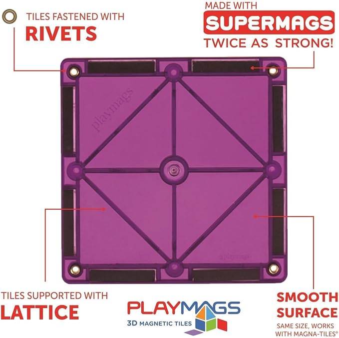 Playmags Magnetic Tiles Building Set 50 Pcs Set with Bonus Click-ins, Super Durable Magnet Blocks, STEM Development Kids Building Toys for Boys Girls & Toddlers