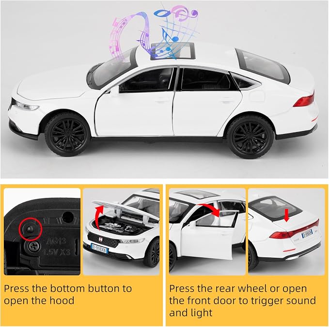 Collectible Toy Car Vehicle, 1:32 Scale Diecast Car Model with Lights and Sound, Alloy Pull Back Car for Kids Adults Birthday Gift (White)