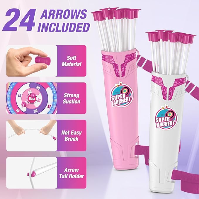 HYES 2 Pack Bow and Arrow for Kids, LED Light Up Unicorn Archery Set with 24 Suction Cup Arrows, 1 Standing Glow Target, 6 Score Targets & 2 Quivers, Indoor Outdoor Sport Toys for Girls Ages 4-12