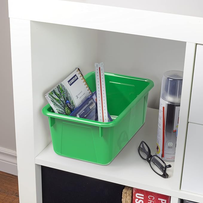 Storex Small Cubby Bins – Plastic Storage Containers for Classroom with Non-Snap Lid, 12.2 x 7.8 x 5.1 inches, Green, 5-Pack (62409A05C)