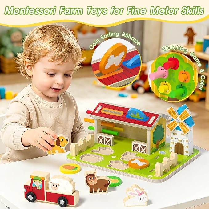 Montessori Wooden Farm Toys for Toddlers 1-3, Coin Sorting Color Shape Animal Matching Fine Motor Skills Toy, Cognitive Learning Educational Sensory Toy for 1 2 3 Year Old Boys Girls, Birthday Gift