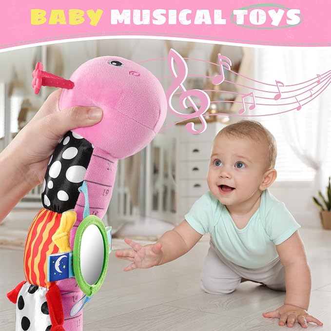 AWOTOY Baby Toys Sensory Music Caterpillar Stuffed Animals Infant Toys,Pink | Teething Toys 0-3-6-12 Months Tummy Time with Mirror Crinkle Rattle&Pull String for Newborn Boys Girls Shower Gifts Birthday