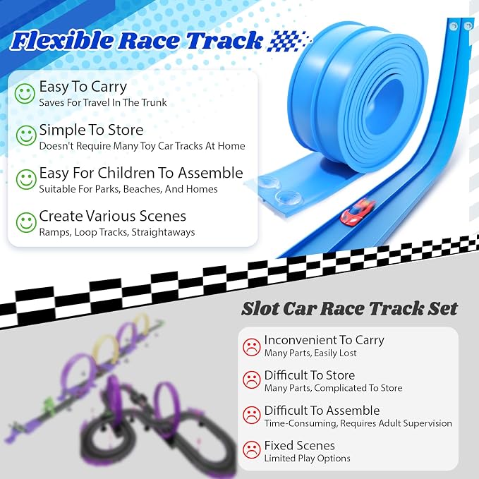 Flexible Race Track Toys for Kids: 15 Ft Flex Race Car Ramp Track with Suction Cups - Rolls Up Portable DIY Racetrack Compatible with Diecast 1/64th Cars Model - Birthday Gifts for Boys Girls Ages 3+
