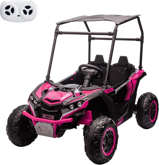 Garvee 24V 2-Seater Kids Ride on Car with Remote Control 4WD Electric Truck with Sun Shade Ride on Toy Off-Road UTV with 4-Wheel Shock Absorber, LED Lights, Music