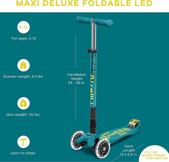 Micro Kickboard | Maxi Foldable LED Kids Scooter for Ages 5-12 | Children up to 110 lbs | 3 Wheel Lean-to-Steer Design | Adjustable T Bar | Smooth Ride, Motion Activated PU LED Wheels | Swiss Design