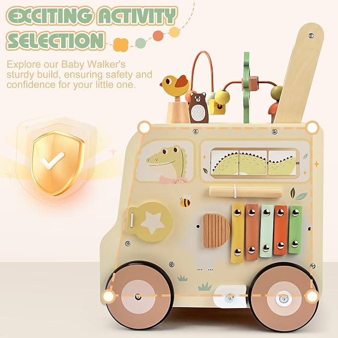Pithfor Wooden Activity Cube Push Walker, Wooden Baby Walker, Montessori Toys for Babies 10-12 Months 1 2 3 Years Old Boys & Girls, Help Learning to Walk & Sit-to-Stand