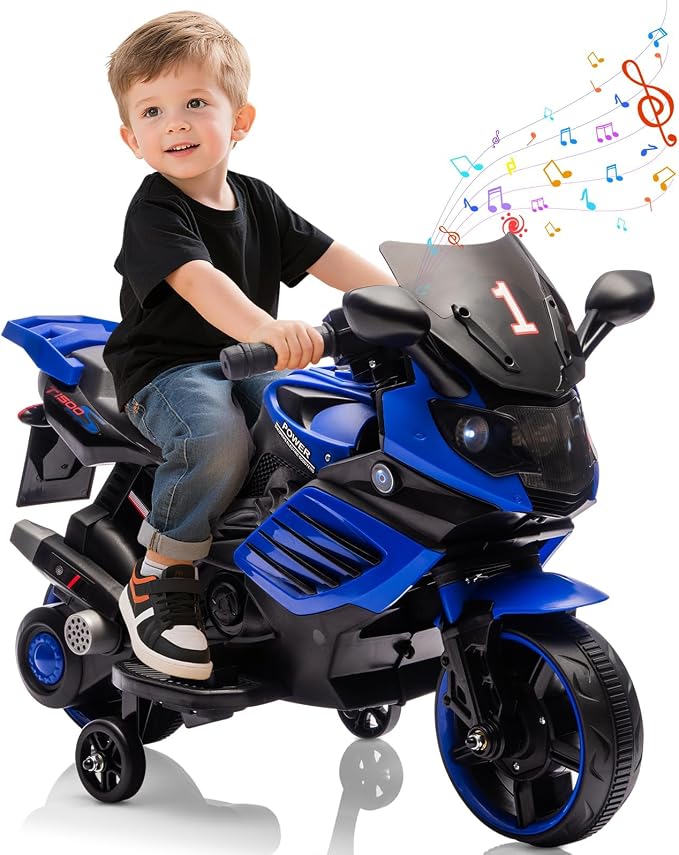 Garvee Kids 6V Ride On Motorcycle, Battery Powered Ride On Toys w/Treaded Tires, Working Headlight, Horn, Music, Training Wheels, Stable Electric Toddler Motorcycle for Kids, Gift for Boys Girls, Blue