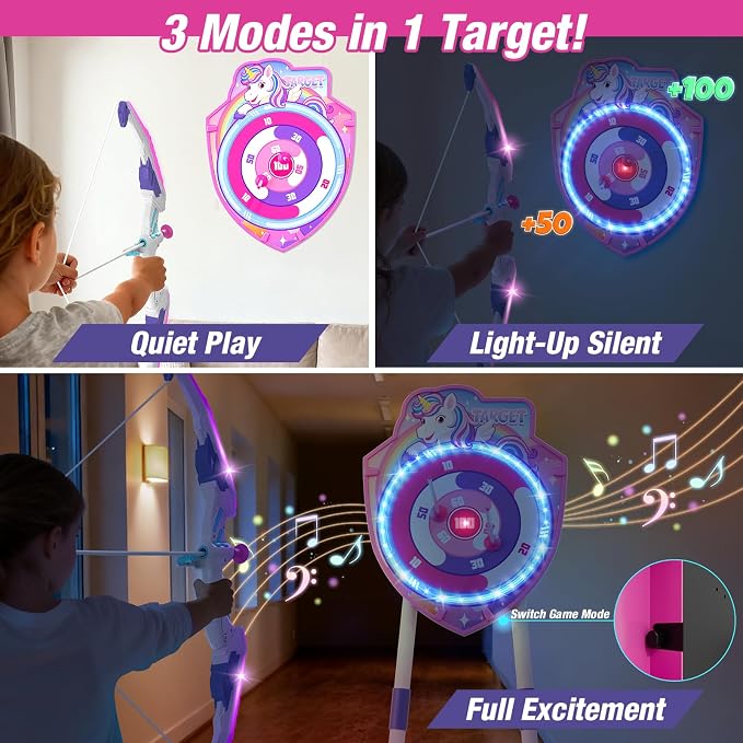 HYES 2 Pack Bow and Arrow for Kids, LED Light Up Unicorn Archery Set with 24 Suction Cup Arrows, 1 Standing Glow Target, 6 Score Targets & 2 Quivers, Indoor Outdoor Sport Toys for Girls Ages 4-12