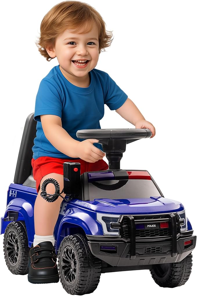 Aosom Kids Push Ride On Car with Working PA System and Horn, Police Truck Style Foot-to-Floor Sliding Car for Boys and Girls with Under-Seat Storage, for 18 Months to 5 Years Old, Blue