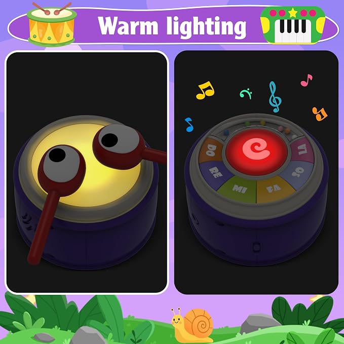 3 in 1 Pull Along Snail Toddler Toys, Baby Piano and Light Up Toddler Drum Set Early Learning Toys Toddler Gifts for Boys Girls, Baby Toys Musical Toys for Toddlers 1-3