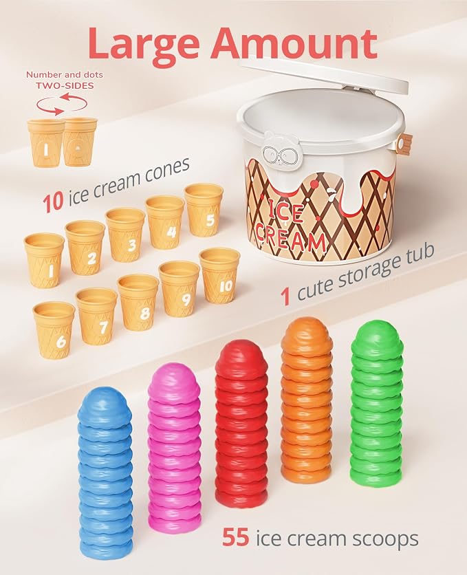 JoyCat Ice Cream Preschool Learning Activities Counting and Color Sorting Set Stacking Toys for Kids 3-5, Educational Fine Motor Skills Toys, 65PCS Math Manipulatives