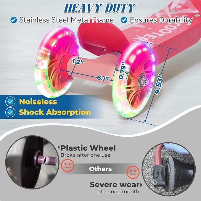 Kids Scooter Ages 3-7, 3 Wheel Scooter with LED Light Up Wheels, Safer Steering & Adjustable Handlebar, Wide Anti-Slip Deck, Heavy Duty Metal Kick Scooter for Boys Girls Toy Gift, Up to 110 lbs