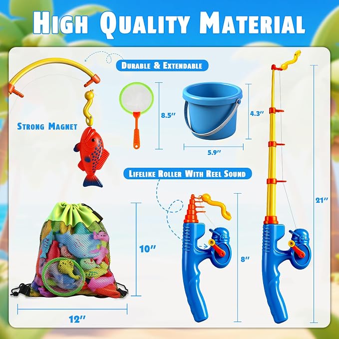 CozyBomB™ Magnetic Fishing Toys Game Set for Kids | Water Table Bathtub Kiddie Pool Party Pole Rod Net, Outdoor Plastic Floating Fish, Toddler Bath Color Ocean Sea Animals Birthday Gift Age 3-5 6 4-8
