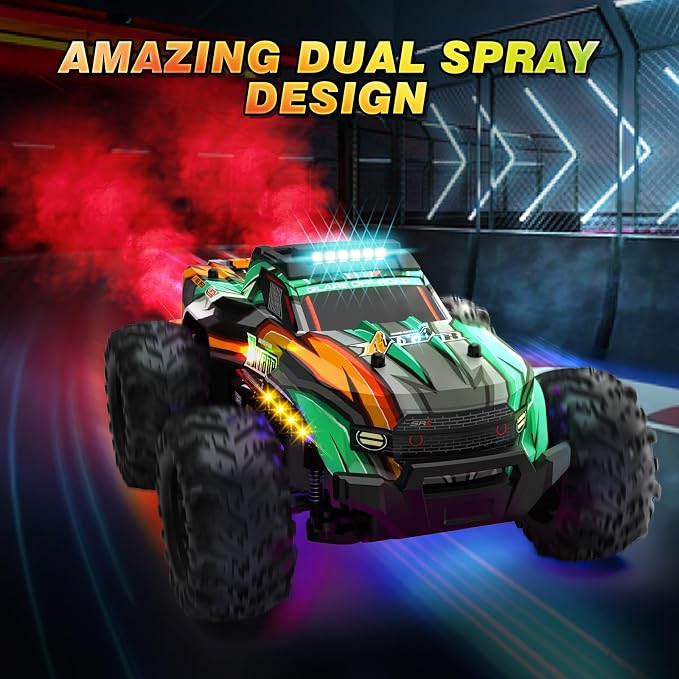 BLUEJAY Remote Control Car, 1:16 All Terrain High Speed RC Cars Truck for Boy, Rechargeable Monster RC Truck with Cool LED Lights & Spray, RC Cars Toys Gifts for Adults Kids Boys Girls 4-7 8-12