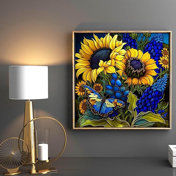Sunflower Diamond Art Painting Kits for Adults, Stained Glass Full Drill Diamond Dots Paintings for Beginners, Round 5D Paint with Diamonds Pictures Gem Art Painting Kits DIY Crafts Kits 14x14inch