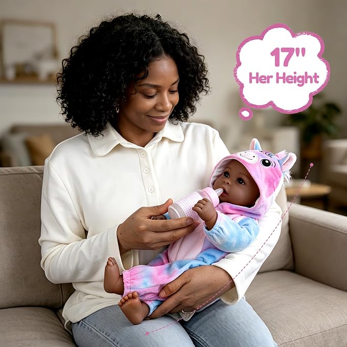 Aori 17 Inch Black Lifelike Baby Dolls Realistic Black Girl Doll with Soft Lightweight Body, Colorful Pony Outfit & Feeding Accessories, for Girls Age 3+