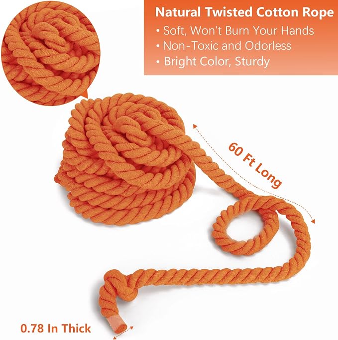 Tug of War Rope 60ft for Kids Adults, Outdoor Field Day Family Reunion Birthday Party Games, Outside Yard Backyard Lawn Camping Picnic Carnival Games for Team Building Activities, Orange