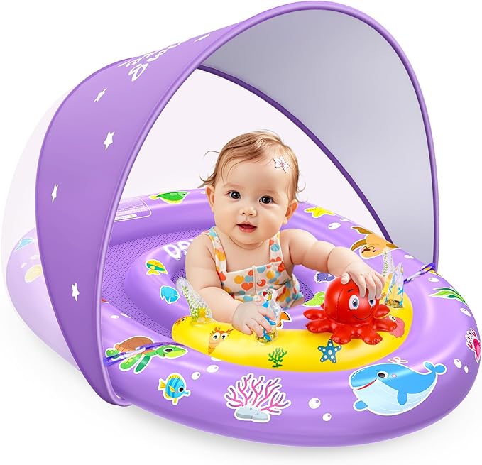 EZIGO Baby Pool Float with Canopy UPF50+ Sun Protection, Inflatable Kids Pool Floats with Ocean Animal Toys for Baby 6-36 Months, Infant Swimming Float with Adjustable Safety Seat for Boys Girls