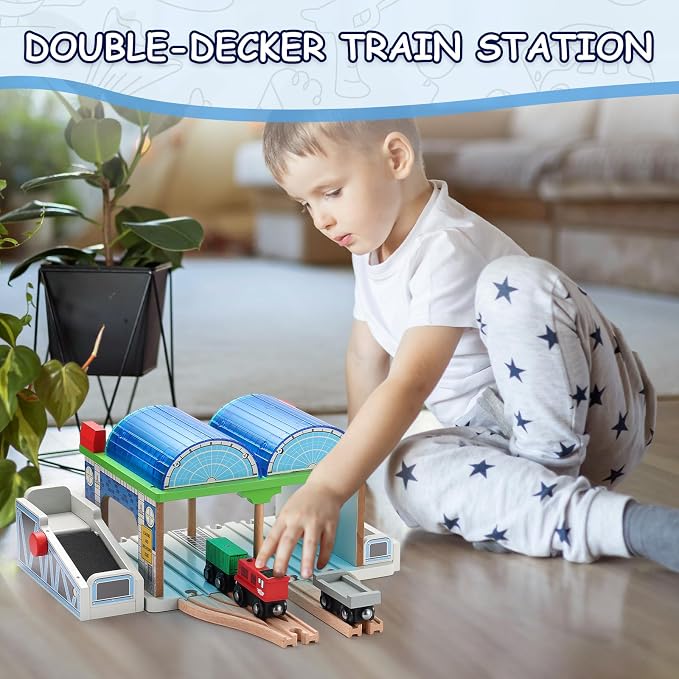 SainSmart Jr. Wooden Train Track Accessories - Premium Train Station with Double-Track Tracks and Conveyor Belt Fit for All Major Brands, Ideal Gift for Aged 3+