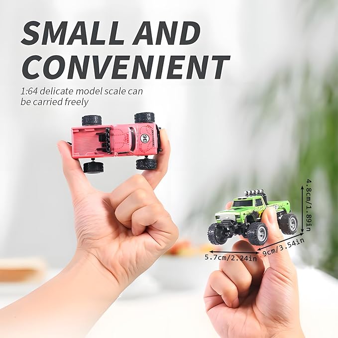 Mini Monster Truck, 1:64 Scale Remote Control Car with Lights, 2.4GHz Off-Road RC Truck, USB Rechargeable RC Car with Adjustable Speed for Kids Indoor & Outdoor Racing (Olive Green)