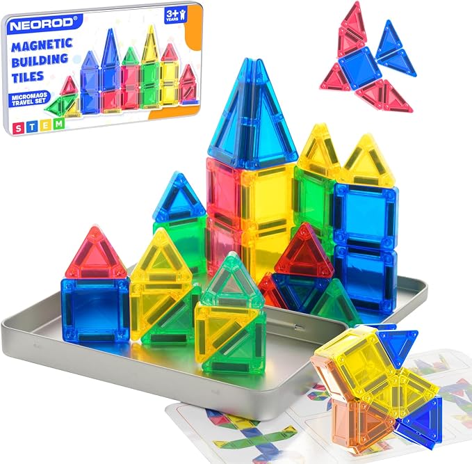 NEOROD Mini Magnetic Tiles Travel Set – Portable STEM Building Blocks for Quiet Play on The Go | Compact Magnet Toys & Road Trip Essentials | Educational Gift for Boys & Girls Ages 3+