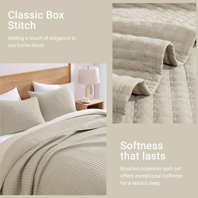 WRENSONGE King Size Quilt-3 Pieces Neutral Lightweight Bedspreads Light Oatmeal King Quilt Bedding Set for All Seasons, Soft Summer Coverlet with 2 Pillow Shams Suitable for Bed, Couch, Quilt Blanket