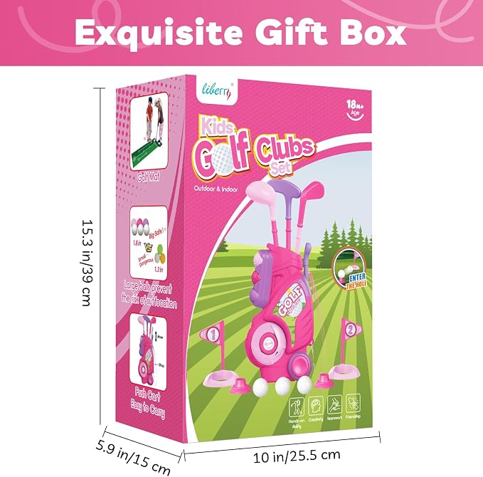 Liberry Toddler Golf Set for 2 3 4 Years Old Girls Boys, Upgraded Kids Golf Clubs Set with Golf Cart, Putting Mat, Outdoor Indoor Sports Toy Birthday Gift, Pink