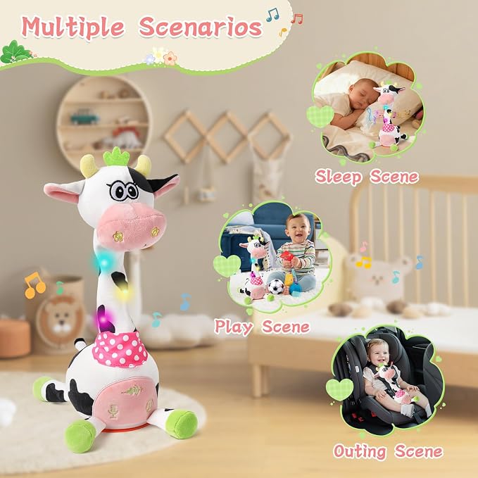 Dancing Talking Giraffe Toy, Stuffed Animal Baby Toy Repeating What You Say, Glowing Musical Giraffe Gifts for Toddlers 1-3 Years Old, for Kids (Cow)