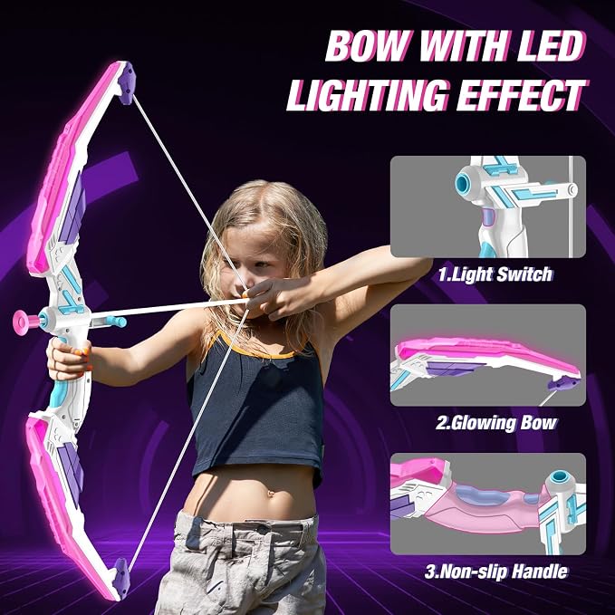 HYES Bow and Arrow for Kids 4-6, LED Light Up Archery Set with 12 Suction Cup Arrows, 1 Standing Target, 3 Score Targets&1 Quiver, Indoor Outdoor Sport for Boys Girls Ages 8-12, Purple