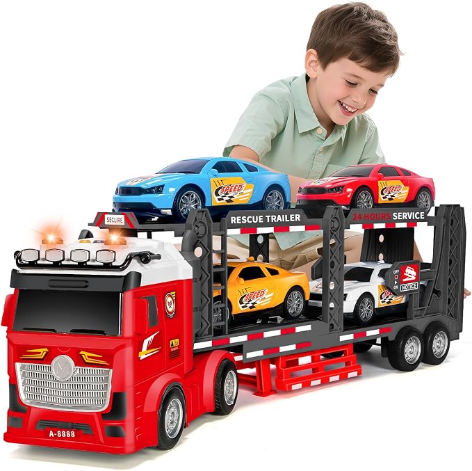 BainGesk Truck Toys Car for 3, 4, 5, 6, 8 Years Old Boys Girls, Adjustable Double Decker Car Carrier Truck with Light & Sound, Car Hauler with Trailer Toy, Large Semi Transport Toy Gifts for Toddler