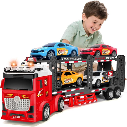 BainGesk Truck Toys Car for 3, 4, 5, 6, 8 Years Old Boys Girls, Adjustable Double Decker Car Carrier Truck with Light & Sound, Car Hauler with Trailer Toy, Large Semi Transport Toy Gifts for Toddler