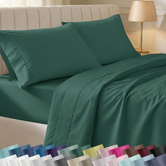 California Design Den Soft 100% Cotton Sheets Queen Size Set, 400 Thread Count Good Housekeeping Award Winner, Silky Sateen Weave with Deep Pockets, Long Staple Cotton Bed Sheet Set - Hunter Green