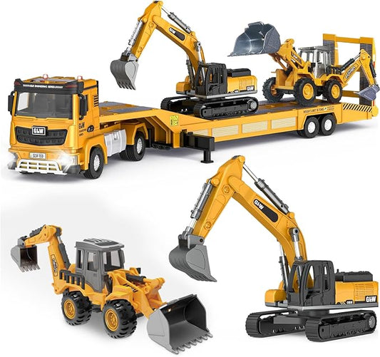 Construction Carrier Trucks Toy Set – Alloy Inertia Driving 1:40 & 1:55 Simulation Model Vehicles Toys, Including Excavator, Double Arm Excavator – Gifts for Ages 3-8, Boys and Girls