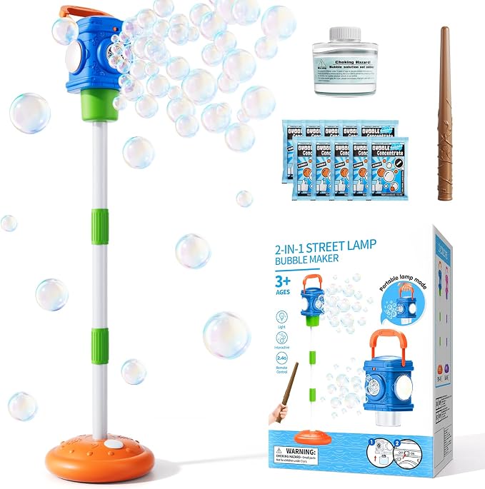 4-in-1 Street Lamp Bubble Machine for Toddlers 1-3 4-8, Bubble Toys Gifts for Kids Boys Girls, Automatic Stand Bubble Maker with R/C Wand, Adjustable Height - Outdoor/Indoor Party Favor