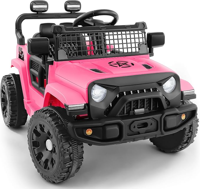 ELEMARA 12V Ride on Toys, Electric Vehicles for Kids w/3 Speeds, 3.5 mph Max, Ride on Car with Remote Control, Motorized Truck, Toddler Electric Car w/Bluetooth, LED Lights,Shock Absorbers-Light Pink