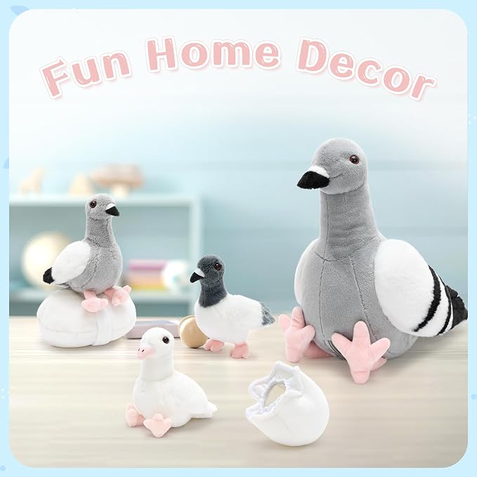 Tezituor 6-Piece Pigeon Stuffed Animal Set,Realistic Pigeon Plush Toy with 3 Baby Birds and Eggs,Soft Cuddly Dove Bird Plushie for Kids Girls Boys,Easter Valentine’s Day Christmas Birthday Gift, Grey