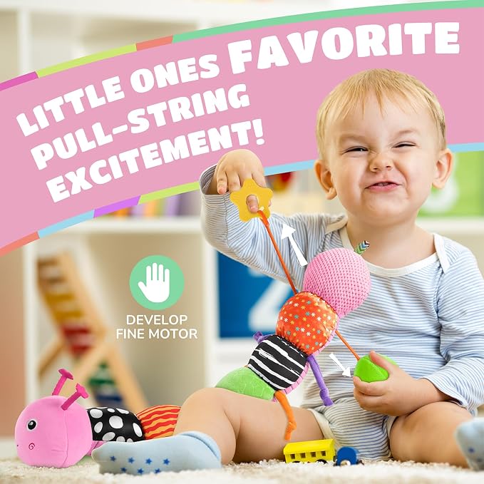 AWOTOY Baby Sensory Toys Music Caterpillar Plush Infant Toys 0 6 12 Months | Stuffed Animals Tummy Time Teething Toys with Mirror Pull String Rattle Baby Toys for Newborn Boy Girl Shower Birthday Gifts