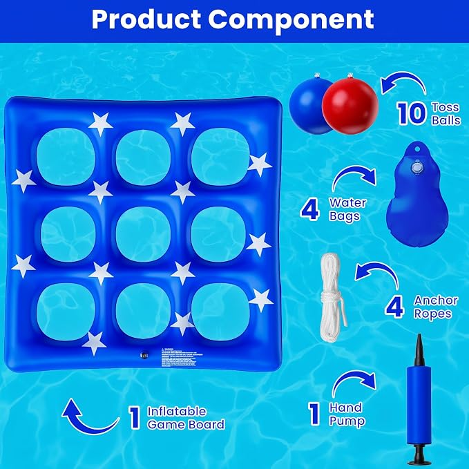 Pool Party Toys Games Set - Giant Inflatable Tic Tac Toe Float Game, Outdoor Pool Games for Adults Kids Family Pool Toys for 2-10 Players, Fun Swimming Beach Yard Activities with 10 Balls for Ages 6+