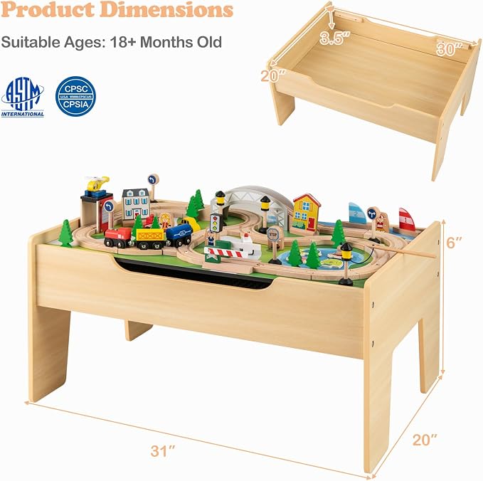 HONEY JOY Train Table, Wooden Kids Activity Table with Storage, 78 Multicolor Pieces, Tracks, Trains, Cars, Toddler Train Table Set with Reversible Tabletop, Gift for Boys Girls Aged 18 Months+